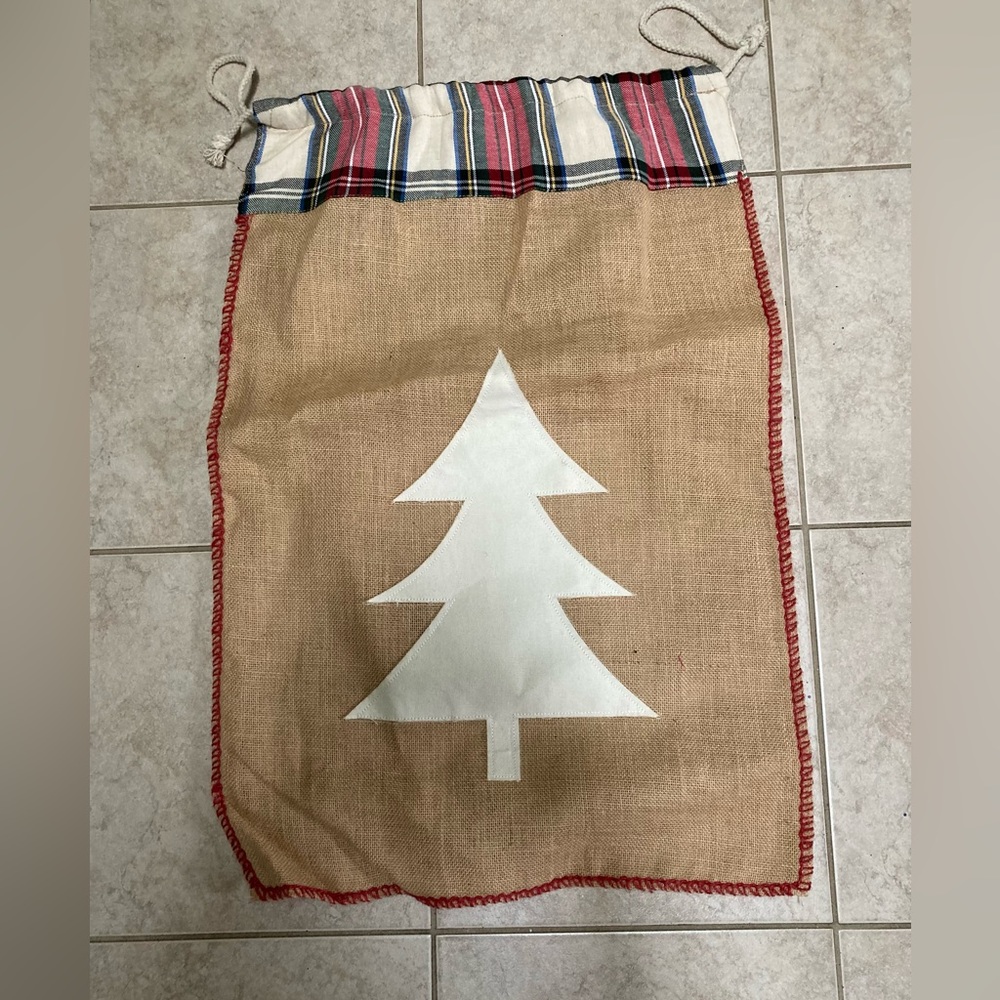 Christmas Tree in White denim Flannel top Jute Rope closure Stitched red edging